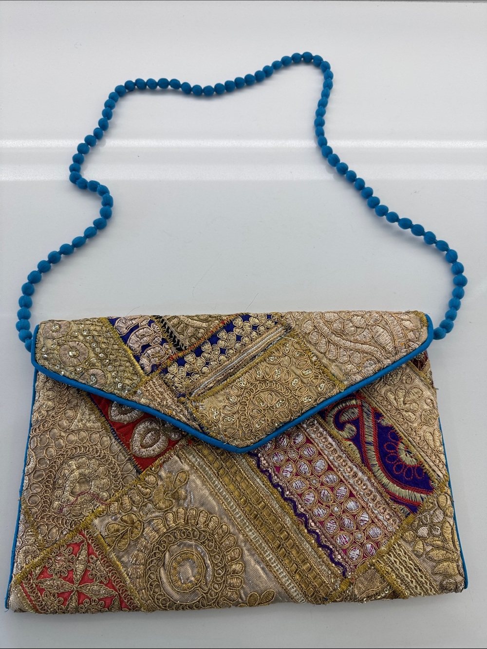 Source Unknown Gold Embroidered Patchwork Clutch with Blue Strap